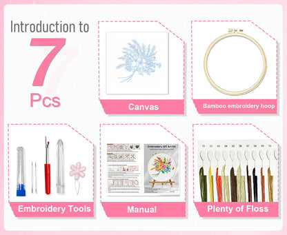 Huacan Embroidery Kit for Beginners Flower Pattern Printed Fabric with Hoop & Full Tools