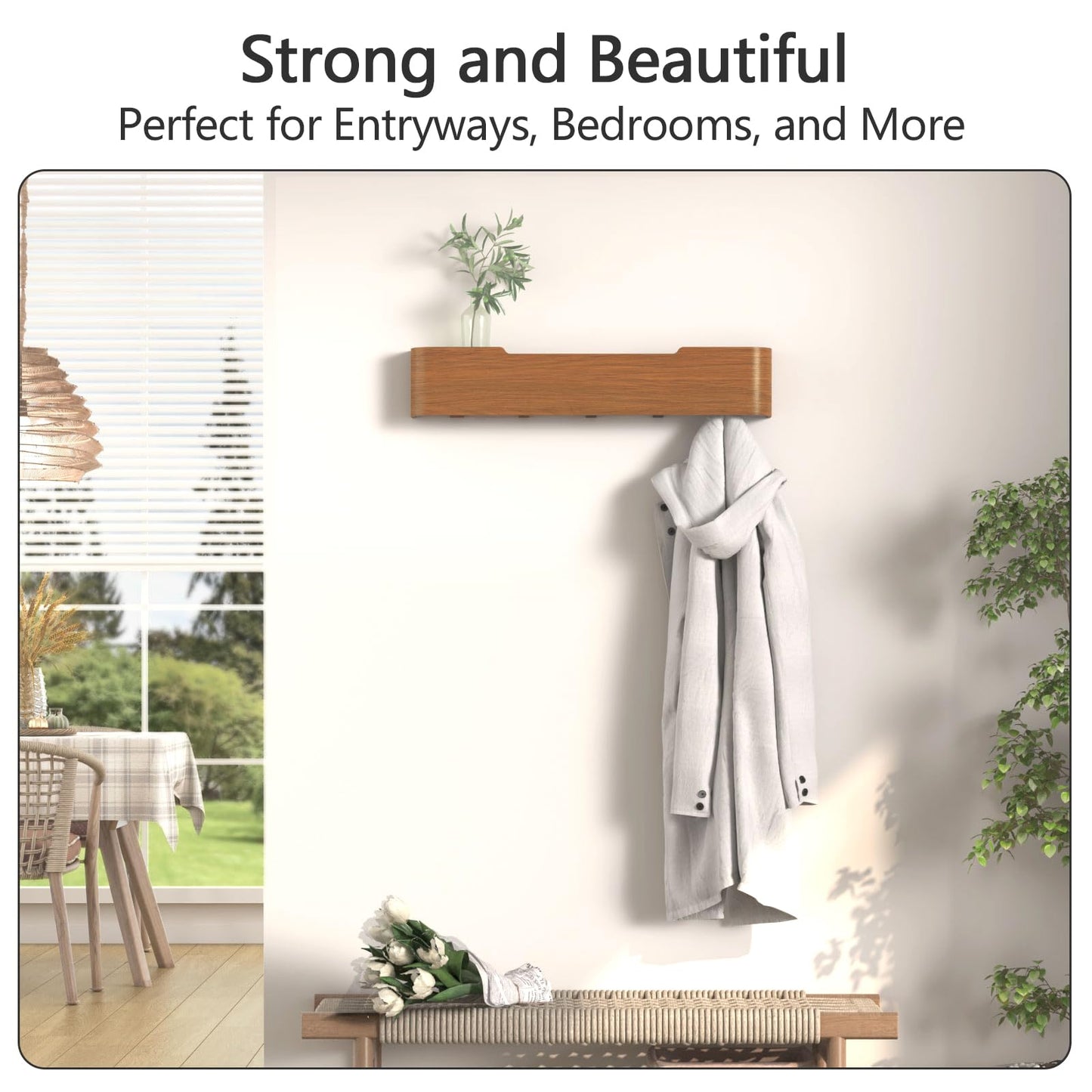Jadoxy Coat Rack Wall Mount with Hidden Hooks Modern Key Holder Wood Entryway Hook with Shelf for Bedroom Kitchen Hallway Bathroom Designed for Hanging Coats Hats Bags Towel Dog Leashe(Walnut,5 Hooks)