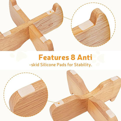 Elevated Cat Bowl Stand 6.1" Diameter 3.5" High with Non-Slip Pads | Natural Rubberwood, Universal Fit, Detachable, Raised, Anti Vomiting, Ergonomic, Wooden Pet Feeder Holder, Home Decor