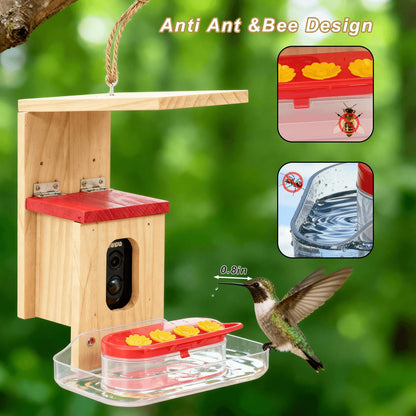 Hummingbird Feeder with Camera Solar Powered, Outdoor Hanging Wooden Smart Hummingbird Feeder, Real-Time View & Motion Detection, for Garden for 2.4g WiFi Coverage Area, for Bird Lovers