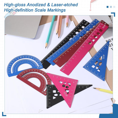 HARFINGTON 8pcs Triangular Ruler Set 20cm Aluminum Alloy Straight Geometric Protractor Triangle Engineering Scale Drafting Ruler Kit Measuring Drawing Tool for Classroom Office Home, Pink