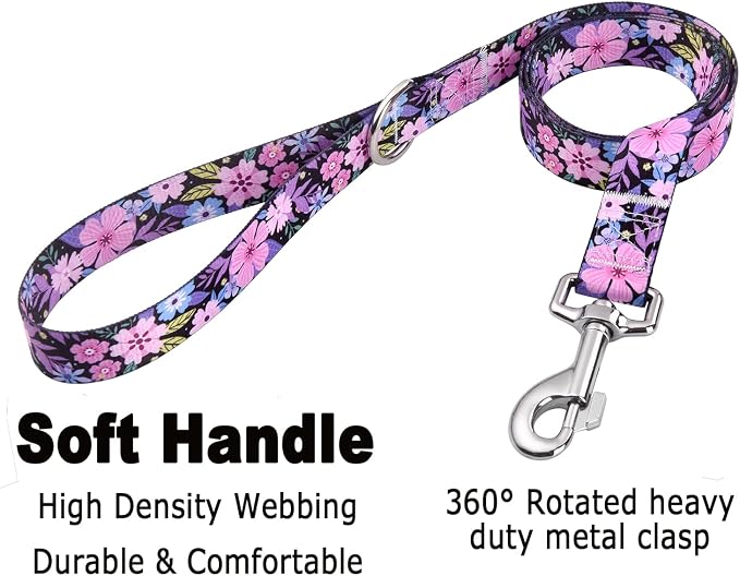 Mihqy Dog Collar and Leash Set with Bohemia Floral Tribal Geometric Patterns - Soft Ethnic Style Collar Adjustable for Small Medium Large Dogs(Pink Floral Set,XS)