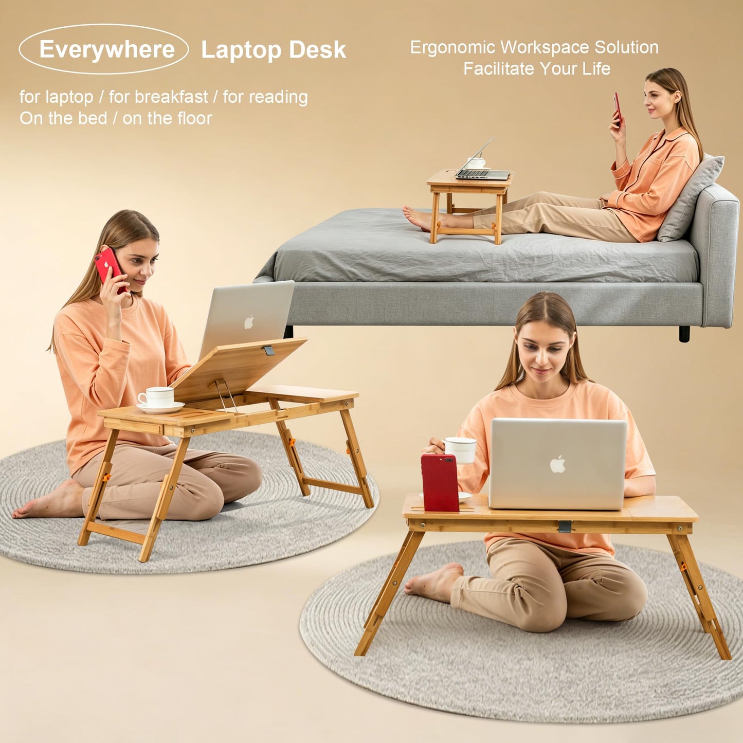 Laptop Desk Nnewvante Bamboo Laptop Table Adjustable Lap Tray Bed Serving Tray Breakfast Table Foldable Coffee Tea Table 7 Tilting Top Angles 4 Latches Large Size 27.95" x 13.8"