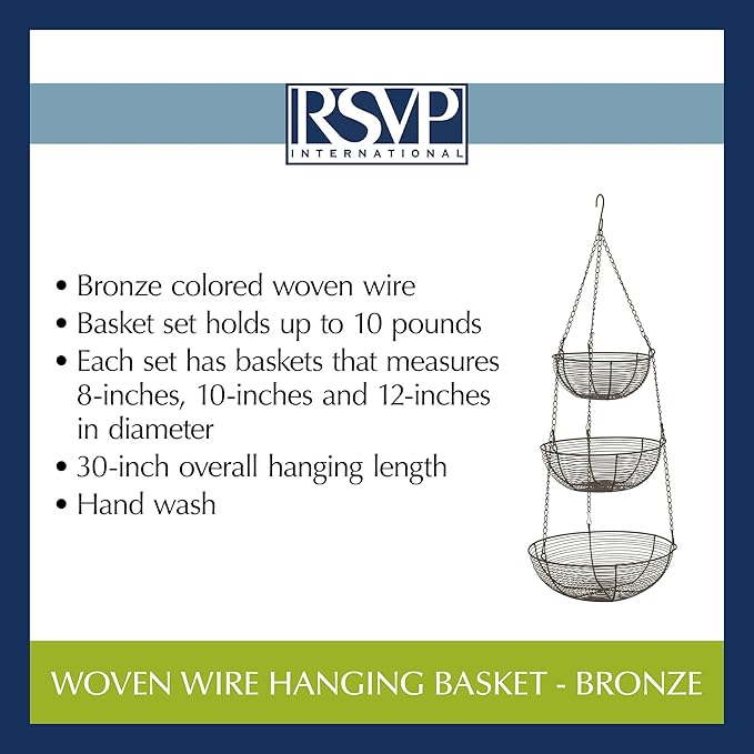 RSVP International Hanging Storage Collection 3-Tier Baskets, Bronze Woven Wire