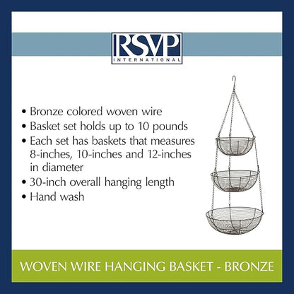 RSVP International Hanging Storage Collection 3-Tier Baskets, Bronze Woven Wire