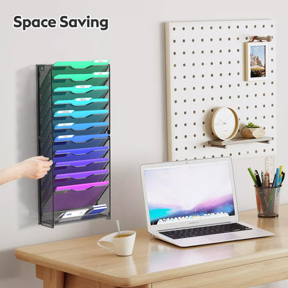 samstar 12 Tier Wall File Organizer, Hanging Wall Mount File Holder Paper Folder Mail Organizer, Mesh Metal, Black.