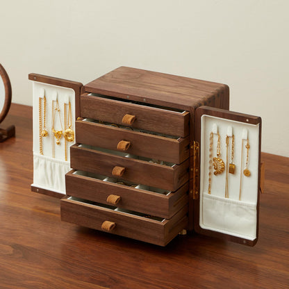THFLSTR Solid Black Walnut Wood Jewelry Box for Women & Men, Large Velvet Lined Wooden Jewelry Organizer with 5 Drawers, Hand Carved Ginkgo Leaf Handles, Double Door Wardrobe Design