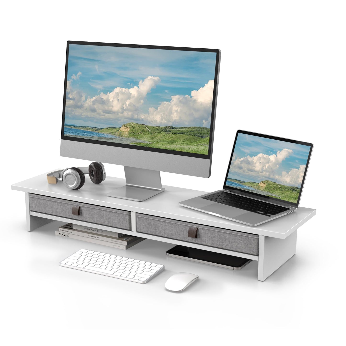 Fenge Monitor Stand with Drawer, 2 Tiers Dual Monitor Riser for Desk, 35 Inch Computer Stand for 2 Monitors, Desk Shelf for Home, Office, Laptop, PC, TV, Printer