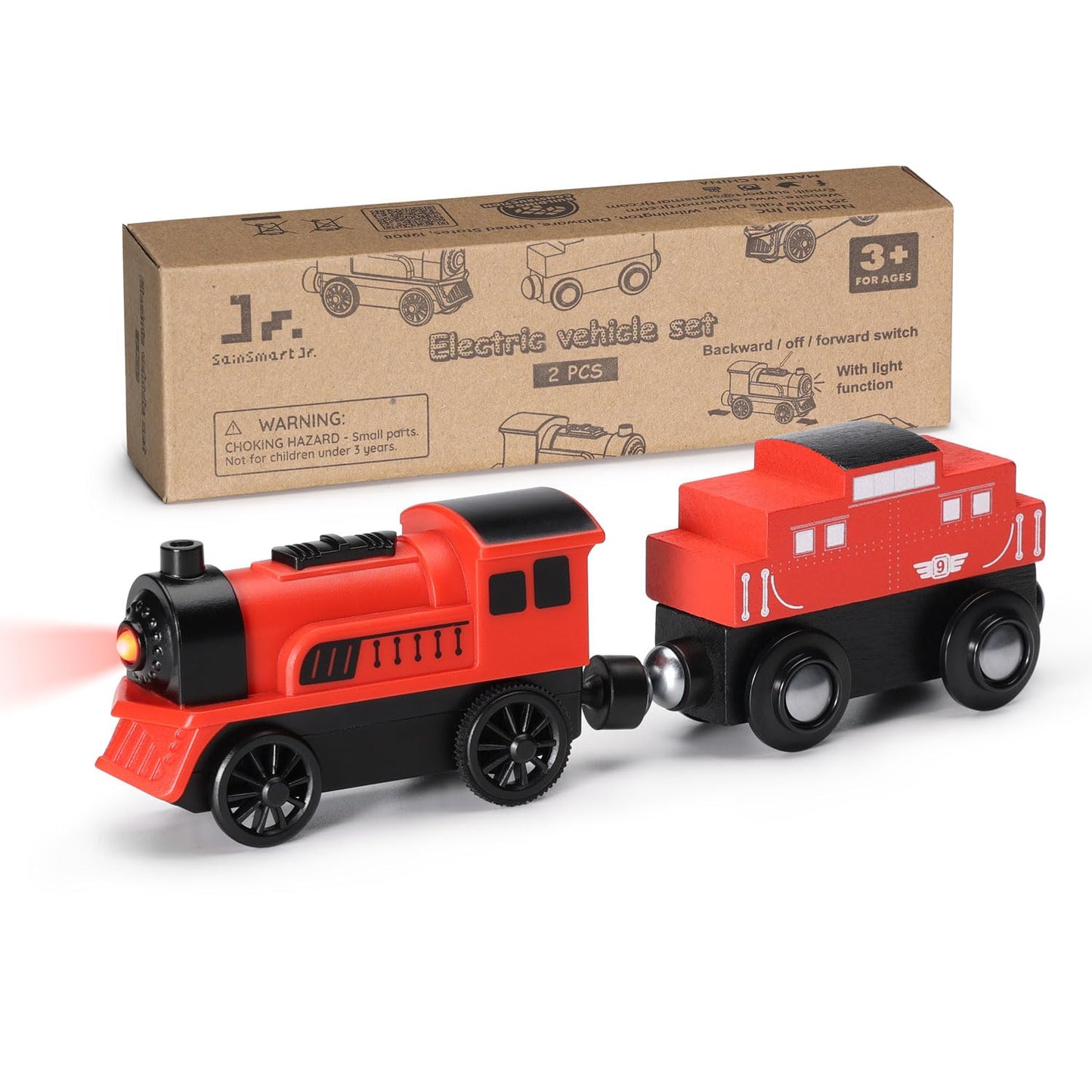SainSmart Jr. Wooden Train Set Accessories, 2 PCS Motorized Train for Toddlers with Magnetic Connection, Battery Operated Train Compatible with All Major Brands, Gift for Kids Aged 3+