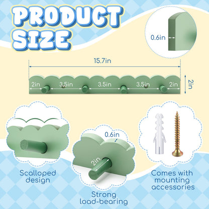 Leinuosen 2 Pack Scalloped Coat Rack Wall Mount Cute Nursery Wall Hook 16 Inch 8 Hooks Wooden Backpack Hanger for Toddler Kids Clothes Hat Towel Keys Bathroom Classroom Playroom Nursery Decor