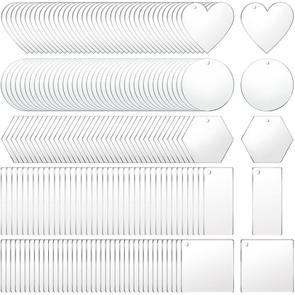 PINKXHY 200 Pieces Acrylic Keychain Blanks Transparent Pendants in Circle Heart Square Rectangle Hexagon Shapes for DIY Crafts Projects