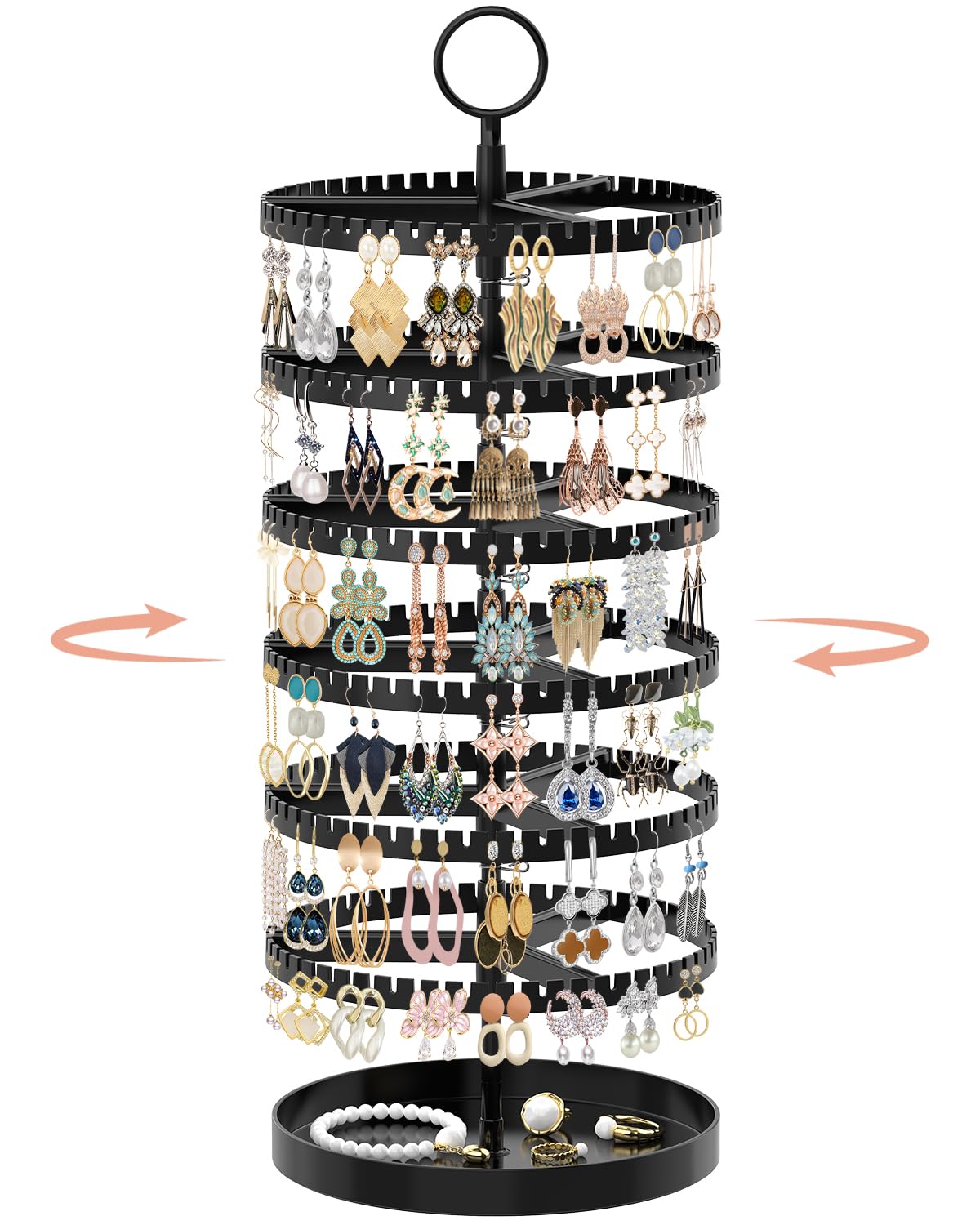 iDavosic.ly 6 Tier Rotating Earring Holder Organizer with Metal Tray, Adjustable Plastic Dangle Display Stands Tree with 342 Grooves, Large Hoop Storage Rack Tower, Black