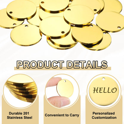 HARFINGTON 20 Pcs Round Blank Stamping Tag 59mm Stainless Steel Circle Polished Blanks Tag Pendants with Hole for Bracelet Crafts Labeling Making, Gold