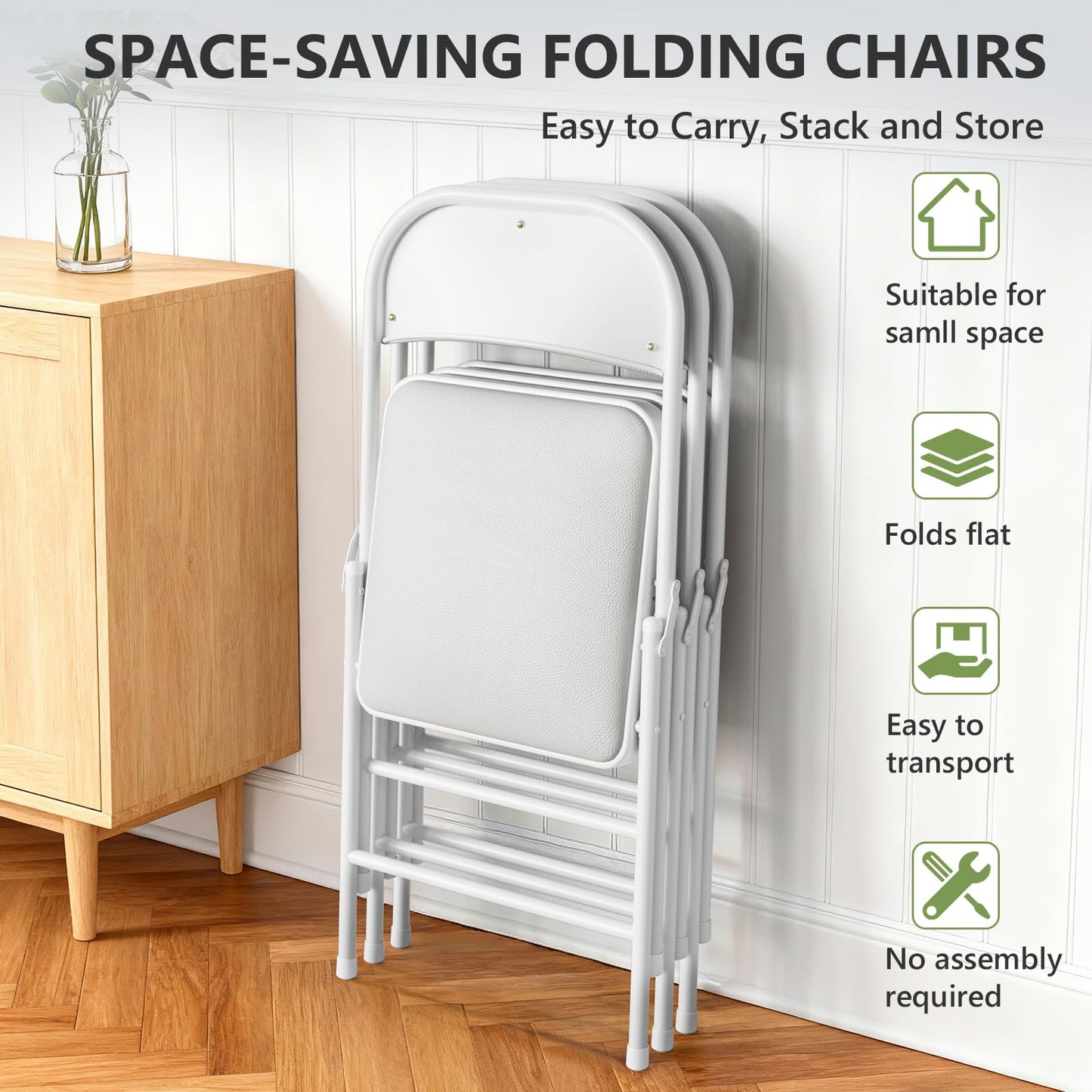 FurniEdge Padded Folding Chairs 4 Pack, PU Leather Folding Chairs for Outside and Indoor, Heavy Duty Portable Foldable Metal Chairs for Home Office, Dorm, Party, Backyard, Patio, White