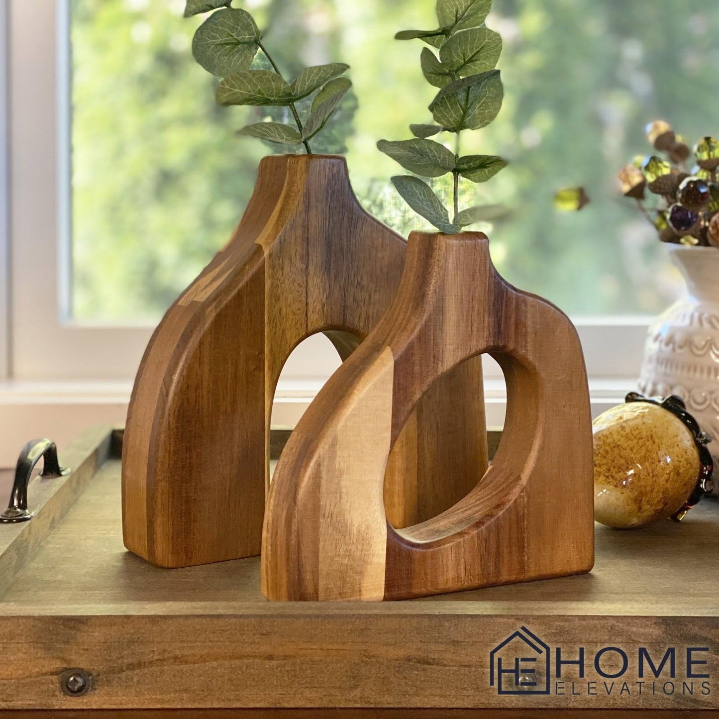 Wooden Vases for Decor Set of 2, Scandinavian Wood Decorative Vases