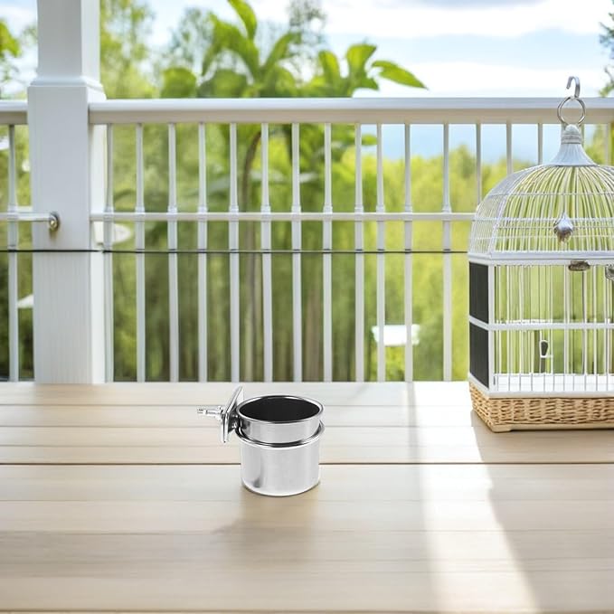 2pcs Stainless Steel Parrot Food Bowl with Clamp Holder, Bird Cage Feeding Coop Cups 4.4cm 5.5cm for Small Birds and Pet Parrots