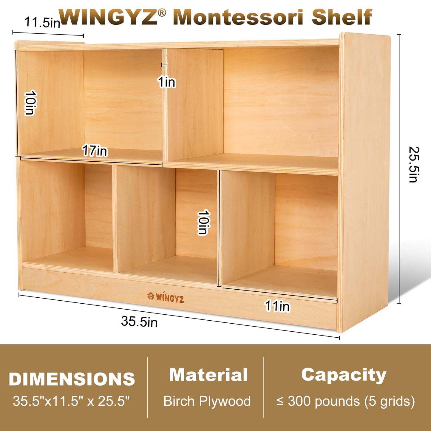 WINGYZ Wood Storage Shelf Organizer, 35.4" L, 5-Section Montessori Kids Toy & Book Shelf, Wooden Cabinet for Kids Rooms, Playroom, Classroom, Nursery, Preschool Furniture - Nature