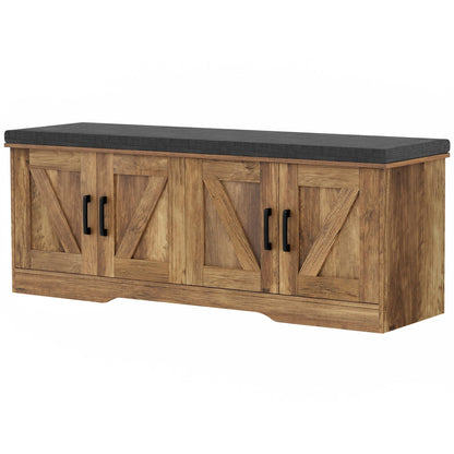 HOMSHO 2-Tier Storage Bench, 47.2" Wide Shoe Bench with Padded Seat Cushion, Entryway Bench with 4 Barn Doors and Adjustable Shelf, Rustic Walnut