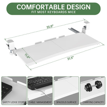 UPGRAVITY Extra Large Keyboard Tray Under Desk - Slide Out with Sturdy C-Clip Mount System, 31.5" (35.8" Including Clamps) x 11.8" Put-Out Keyboard Tray Computer Drawer for Ergonomic Typing, White