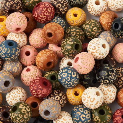KISSITTY 100pcs/box Painted Wooden Beads for Crafts Natural Wood Beads Leopard Print Beads 10 Colors for DIY Bracelet Necklace Earrings Jewelry Making About 10mm in Diameter