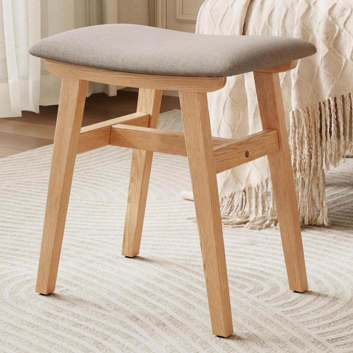 DONGMUWUJEE Solid Wood Small Vanity Stool Chair, Makeup Stools for Vanity Desk, Bathroom Vanity Chair, Padded Foot Stool for Living Room, Ottoman Foot Rest for Couch, Small Bench for Entryway, Natural