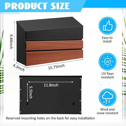 Yaocom Wall Mount Mailbox Large Capacity Mailbox for Outside Galvanized Steel Rustproof Metal Mail Drop Post Modern Collection Box Postbox 15.75" x 9.84" x 4.33", No Key Locking (Wood Color,No Flag)