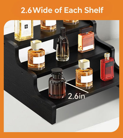 Wooden Cologne Organizer for Men, Perfume Organizer Stand, Cologne Stand with Anti-Slip Washers, Wooden Display Risers Stand for Dessert, Cupcake, Display Shelf Riser Stand for Decoration Makeup Black, 3-tier-13.8in