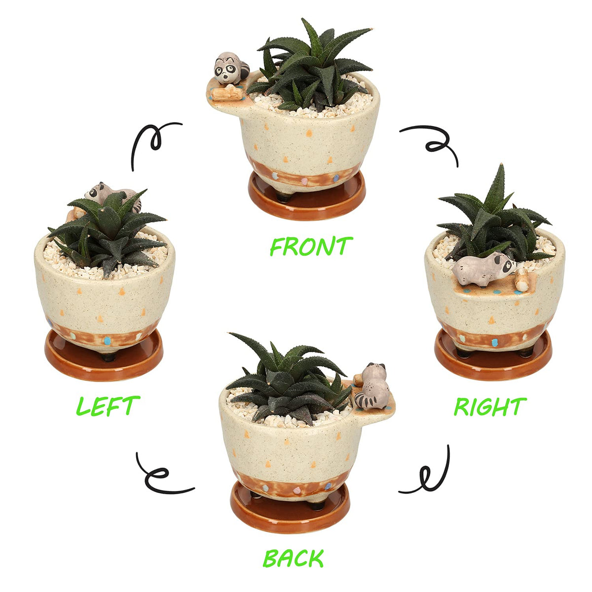 MAKOLO Ceramic Succulent Planter Small Pot with Drainage Hole and Tray for Cactus Flower Plant Container Shelf Home Office Desk Decoration (Raccoon)