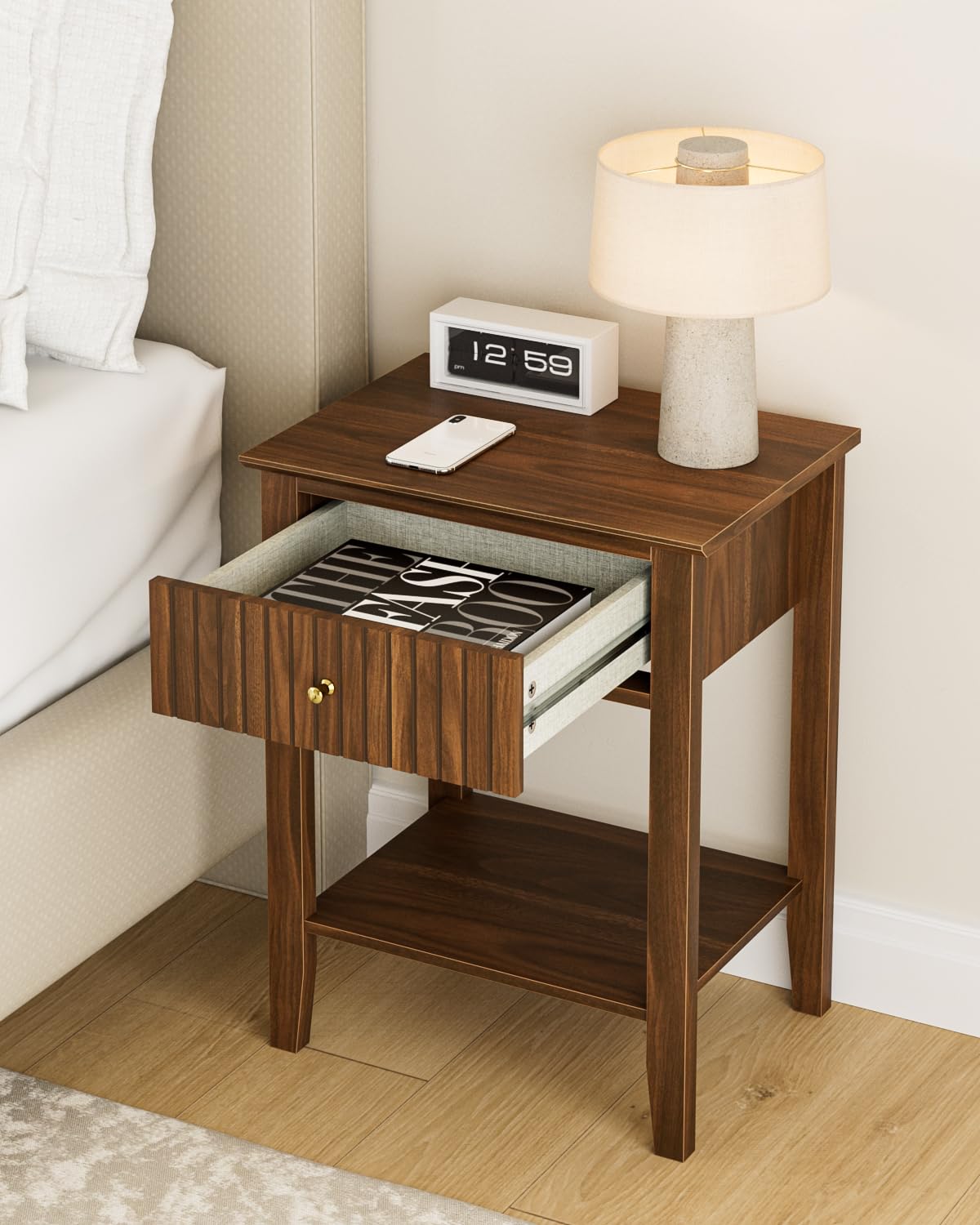 Apetaccat Fluted Nightstand, Farmhouse Night Stand with 1 Drawers, Mid Century Modern Side Accent Table,Bedside End Table for Bedroom, Living Room, Brown