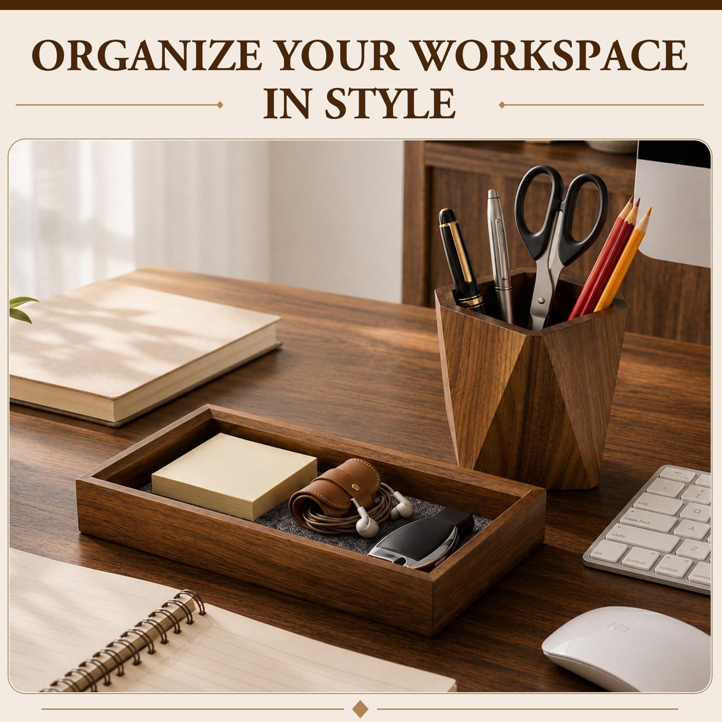 Marspark Walnut Desk Tray with Pen Holder Set, Non-Slip Desk Tray and Pencil Holder Set with Felt Lined, Natural Wooden Desktop Drawer Organizer Office, Organizer Trays for Keys, Pen, Watch