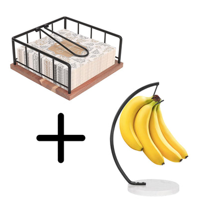 Livabber Flat Wooden Napkin Holder+Marble Banana Holder, Metal Napkin Holder with Weighted Tension Arm and Banana Hanger with Single Hook for Countertop, Kitchen, Dining Room (Black)