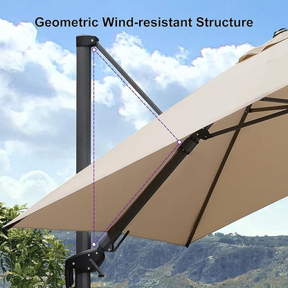 PURPLE LEAF 8.2' X 11.5' Tilting Patio Umbrella with Base Outdoor Cantilever Swivel Rectangle Umbrella Aluminum Offset Umbrella with 360-degree Rotation for Garden Deck Pool Patio Beige
