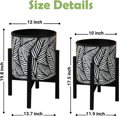 10 & 12 Inches Plant Pot with Stand Set of 2, Decorative Palm Leaves Printing Planter with Holder, Garden Pot for Snake Plant, Monstera, Houseplants - Indoor Outdoor Flower Pots with Drainage Holes