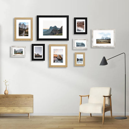 Hongkee 11x14 Picture Frame Set of 4, Made of Glass and Natural Oak Wooden Frame, Display 8x10 Pictures with Mat or 11 x 14 Posters without Mat for Wall Mounting, Gallery Photo Frames