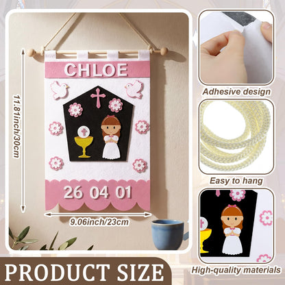 Hahafelt First Communion Banner Kit for Girls 9 x 12 Inches Pink DIY Felt First Holy Communion Banner Crafts Kits for Church Sunday School Catholic Special Events