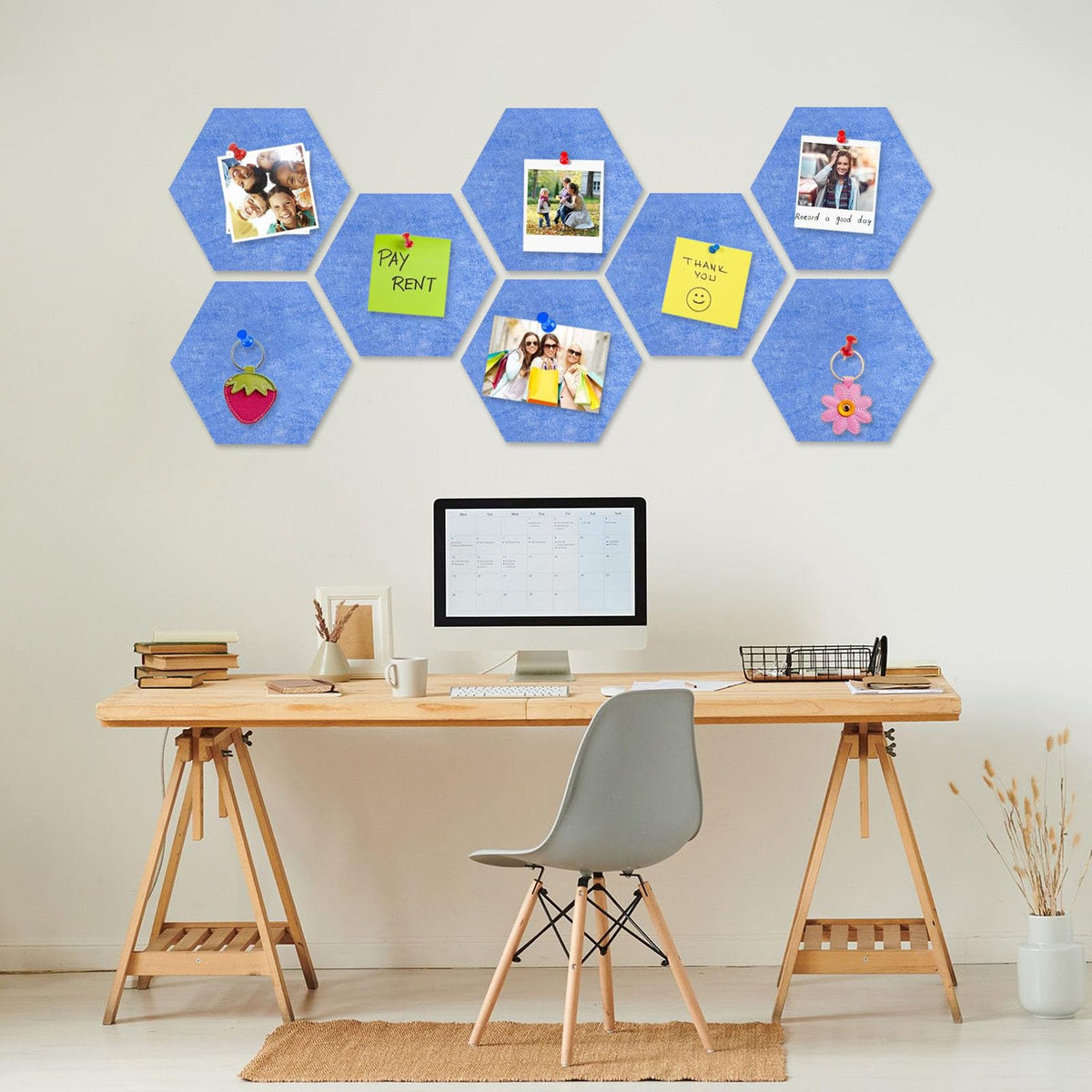 8 Packs Sky Blue Hexagon Felt Pin Board, 12" Bulletin Board with 30 Push Pins, Felt Board for Home Kitchen Office Decor, Self-Adhesive Corkboard Tiles for Walls Message Photos Memos Display
