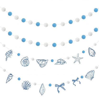 Frienda 3 Pcs Seashell Blue and White Felt Ball Garland Pom Pom Banner Carnival Themed Felt Ball Decoration for Backdrop Birthday Luau Mexican Tropical Party Christmas Decoration