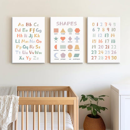 Kids Playroom Wall Art Decor Nursery ABC Alphabet Poster Play Room Canvas Wall Decor Toddler Childrens Educational Artwork Numbers Shapes Prints ABC Picture for Playroom 12x16 Inch Ready to Hang 3Pcs