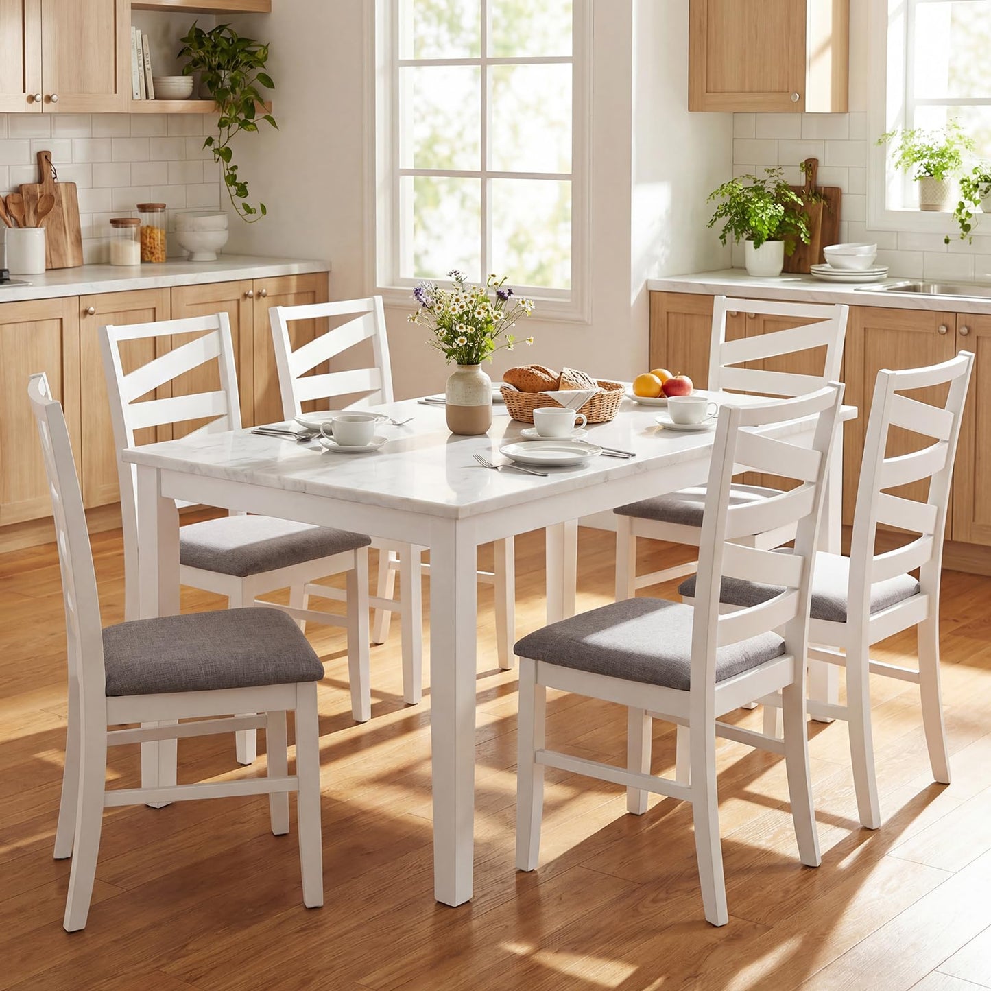 Giantex Dining Chairs Set of 4, Kitchen Chairs with Tall Backrests, Linen Fabric Upholstered Seats and Rubber Wood Frames, Farmhouse Style Side Chairs for Dining Room, Living Room, White + Grey
