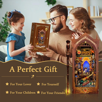 Magic Book Nook Kit with Remote Wand, 3D Wooden Puzzle, Dollhouse Miniature Booknook Kit Creative Bookend Bookshelf Decor for Adults Teens - Magic Academy(SQ-38)