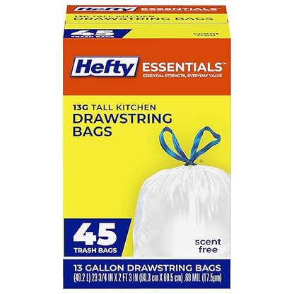 Hefty Essentials Drawstring 13 Gallon Kitchen Trash Bags, Tall Unscented Trash