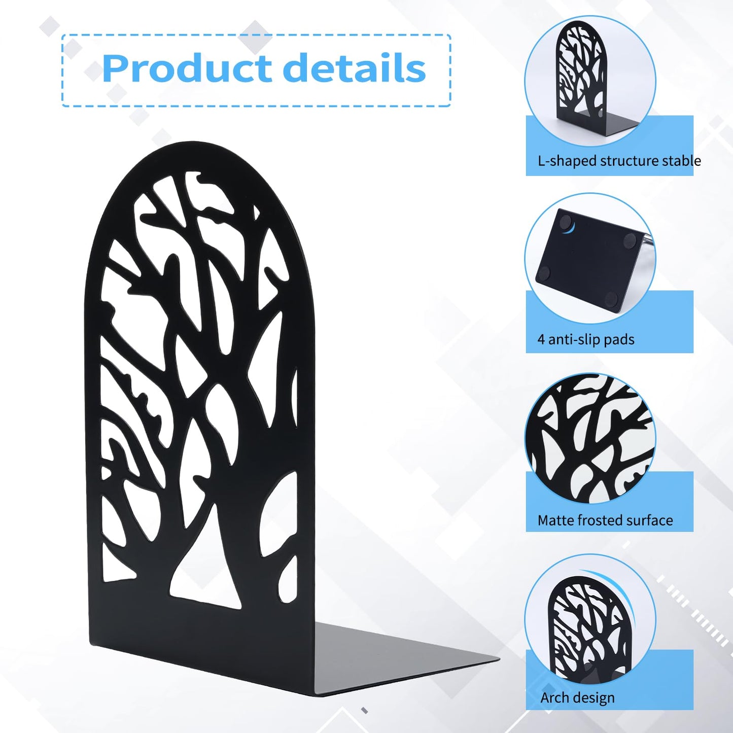 EOOUT Bookends for Shelves Decorative, 5 Pairs (10 Pack) of Tree Bookends Supports, Black Metal Book Stoppers for Heavy Books, Heavy Duty Book Ends for Home Office School.
