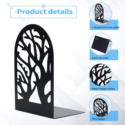 EOOUT Bookends for Shelves Decorative, 5 Pairs (10 Pack) of Tree Bookends Supports, Black Metal Book Stoppers for Heavy Books, Heavy Duty Book Ends for Home Office School.