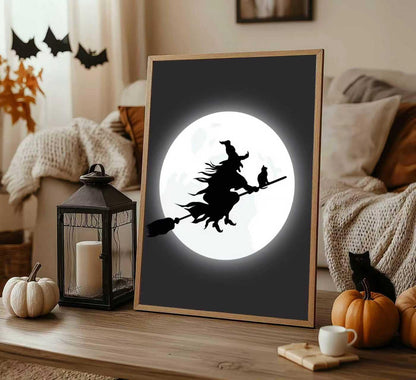 Halloween Horror Ghost Canvas wall art Witch flying on a broom Painting Picture Wall Decor Goth Dark Moody Poster Print Artwork for Halloween Party in Living Room and Bedroom Home Decoration