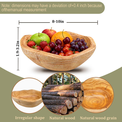 Fakindiy Handmade Wood Kitchen Fruit Bowl 10-12in - Irregular Wooden Decorative Bowl for Kitchen Counter, Wooden Serving Bowl for Salads Snacks Keys and Home Decor