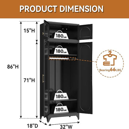Polup Metal Armoire Wardrobe Closet, 86 Inch Tall Freestanding Wardrobe Cabinet with Hanging Rod, Bedroom Armoires with Doors, 18" D x 32" W x 86" H, Black, Assemble Required, Shipped in Two Packages