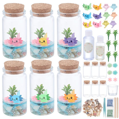 WEBEEDY 6 Sets Sea Animal Terrarium Kit DIY Glass Bottle Axolotl Craft Kit Miniature Axolotl Habitat Decor Resin Tank Ornaments for Home Bedroom Party Decor Arts & Crafts Figure Birthday Gift