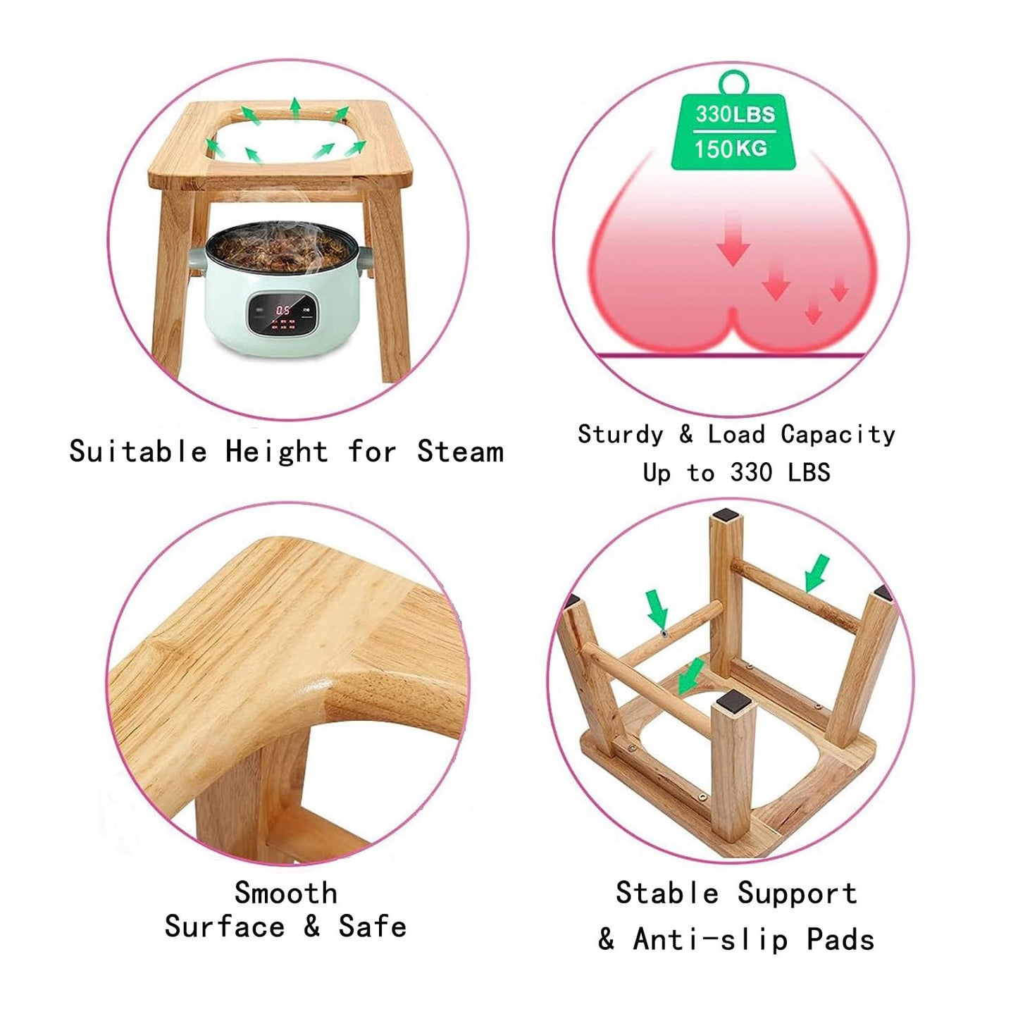 MOGUOBIN Wooden Steam Seat with Four Legs,Yoni Steam Chair,Yoni Steam Pot,Three-Dimensional Toilet,Heavy Bathroom Anti-Skid Shower Stool,Steaming Chair V Steam at Home Attachment 15.7" H (No Steamer)