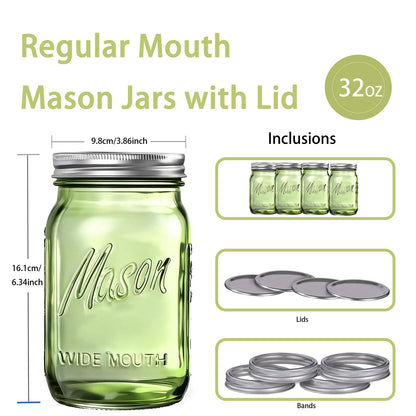 Rubtlamp Green Mason jar 32 oz, 12 Pack Glass Jars - Wide Mouth Mason Jars with Airtight Lids for Pickling, Fermenting, Food Storage&DIY Crafts, Microwave & Dishwasher Safe