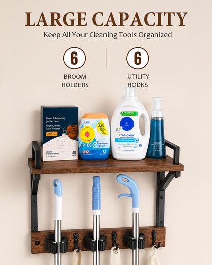 Lorbro Broom Holder Wall Mount with Cleaning Supplies Storage, Heavy Duty Broom and Mop Organizer Wall Hanging, Wooden Mop Organizer Hanger, 3 in 1 Storage Shelves for Laundry Room, Garage, Closet